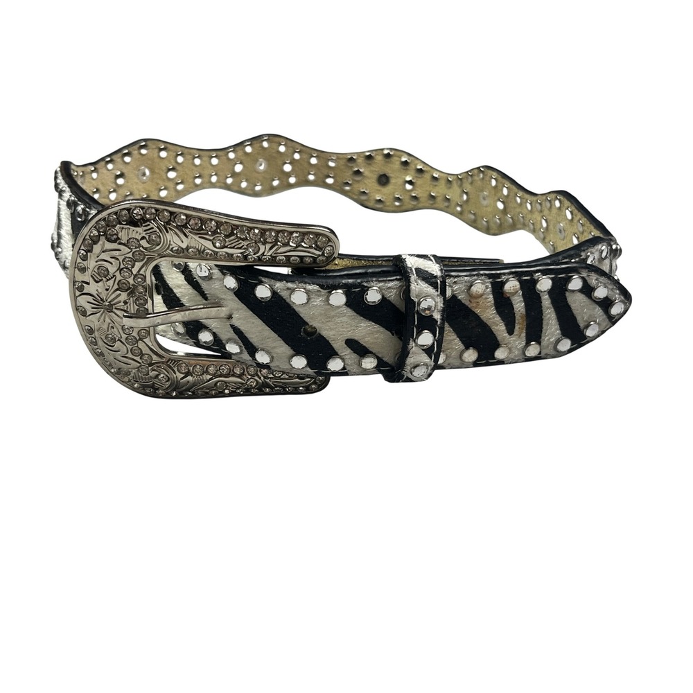 Nocona Zebra Print Calf Hair Western Belt Rhinestone Studded Scalloped Black 28